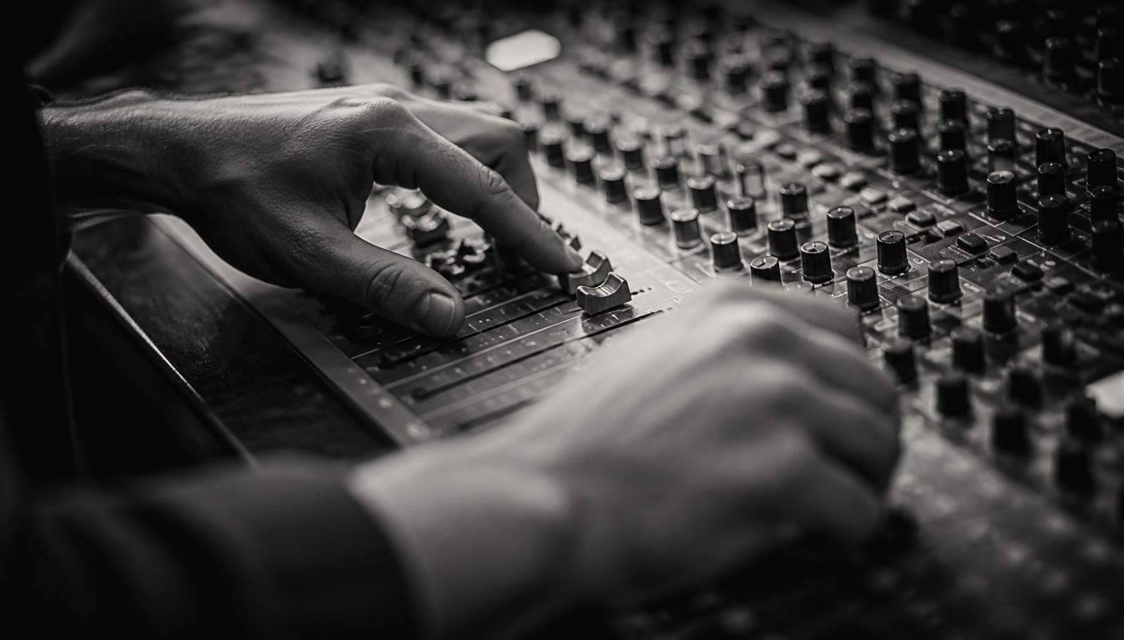 Manos sobre una consola de mezcla en estudio, en blanco y negro